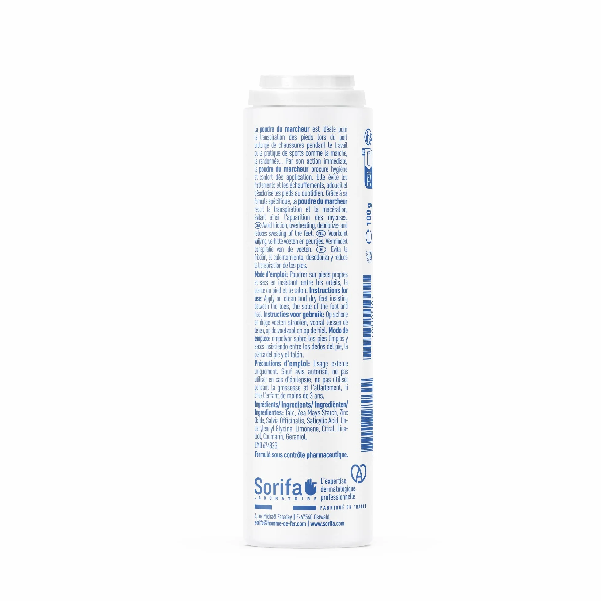 Poudre du Marcheur - Anti-transpirante - Absorbante - Pieds – Réduit la transpiration - Elimine odeurs et mycoses - Sans sels d’aluminium - Fabriqué en France - 100 gr