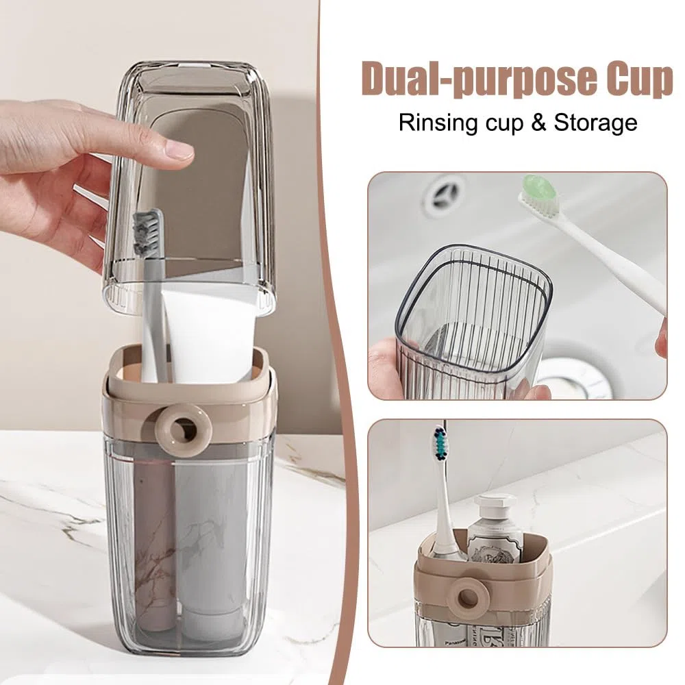 MiOYOOW 2 Pièces Tasses de Brosse à Dents Portable, 2 en 1 Boite de Rangement Dentifrice en Plastique, Gobelet Brosse Dent Translucide avec Couvercle pour Extérieur, Camping, Affaires, Maison