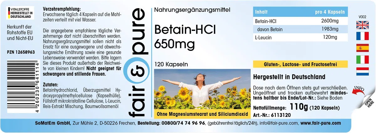 Fair & Pure® - Bétaïne HCL 650mg - végan - 120 gélules