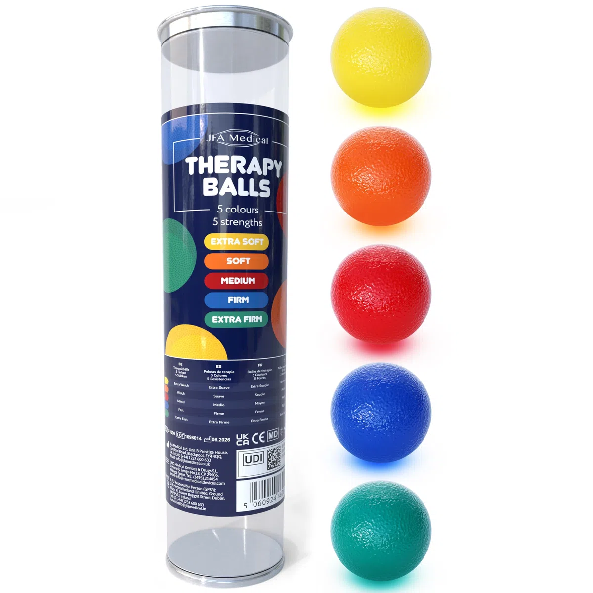 JFA Medical Lot de 5 balles d'exercice pour thérapie de la main - Extra doux, doux, moyen, ferme, extra ferme