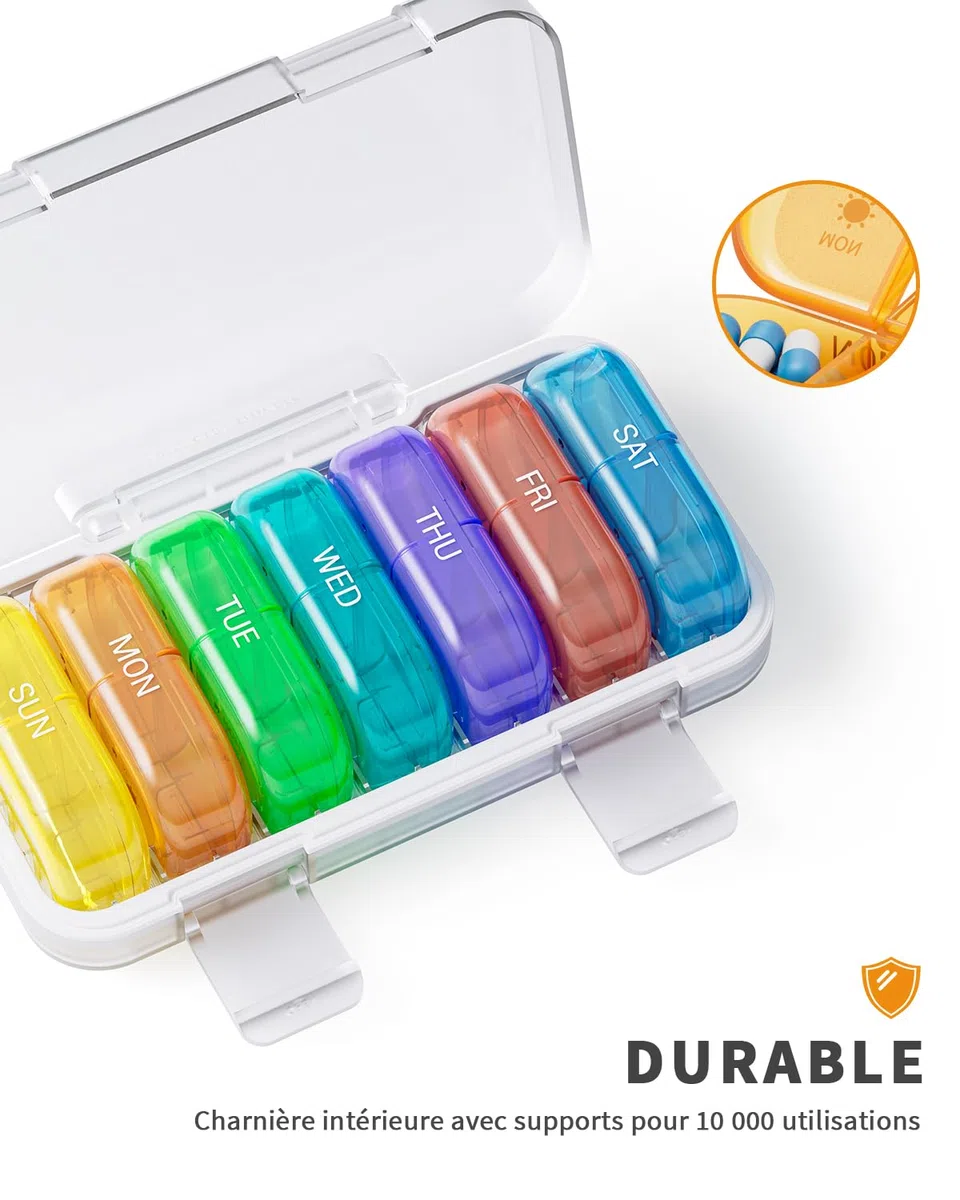 ONTERATE Pilulier Hebdomadaire 2 Fois par Jour, Boîte à Pilules AM PM Matin Soir 7 Jours, Pilulier Portable et étanche à L'humidité, 14 Compartiments, Pilulier de Voyage pour Vitamines (Coloré)