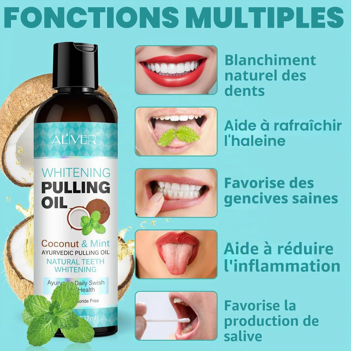 Mint Oil Pulling Bain de bouche avec gratte-langue – Pull naturel à l'huile de noix de coco pour le blanchiment des dents, l'haleine fraîche, le blanchiment des dents et des gencives plus (474ml2pack)
