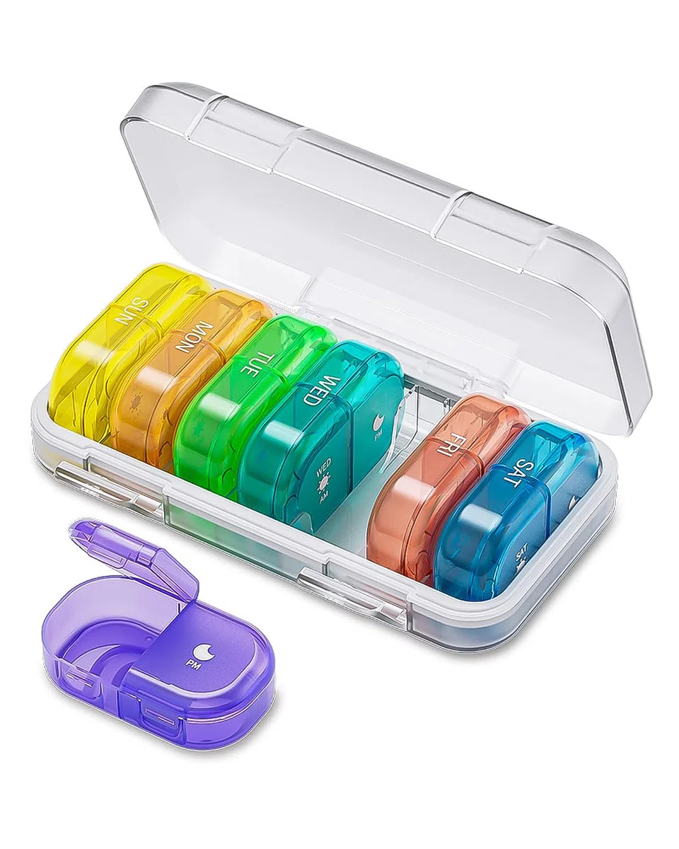 ONTERATE Pilulier Hebdomadaire 2 Fois par Jour, Boîte à Pilules AM PM Matin Soir 7 Jours, Pilulier Portable et étanche à L'humidité, 14 Compartiments, Pilulier de Voyage pour Vitamines (Coloré)