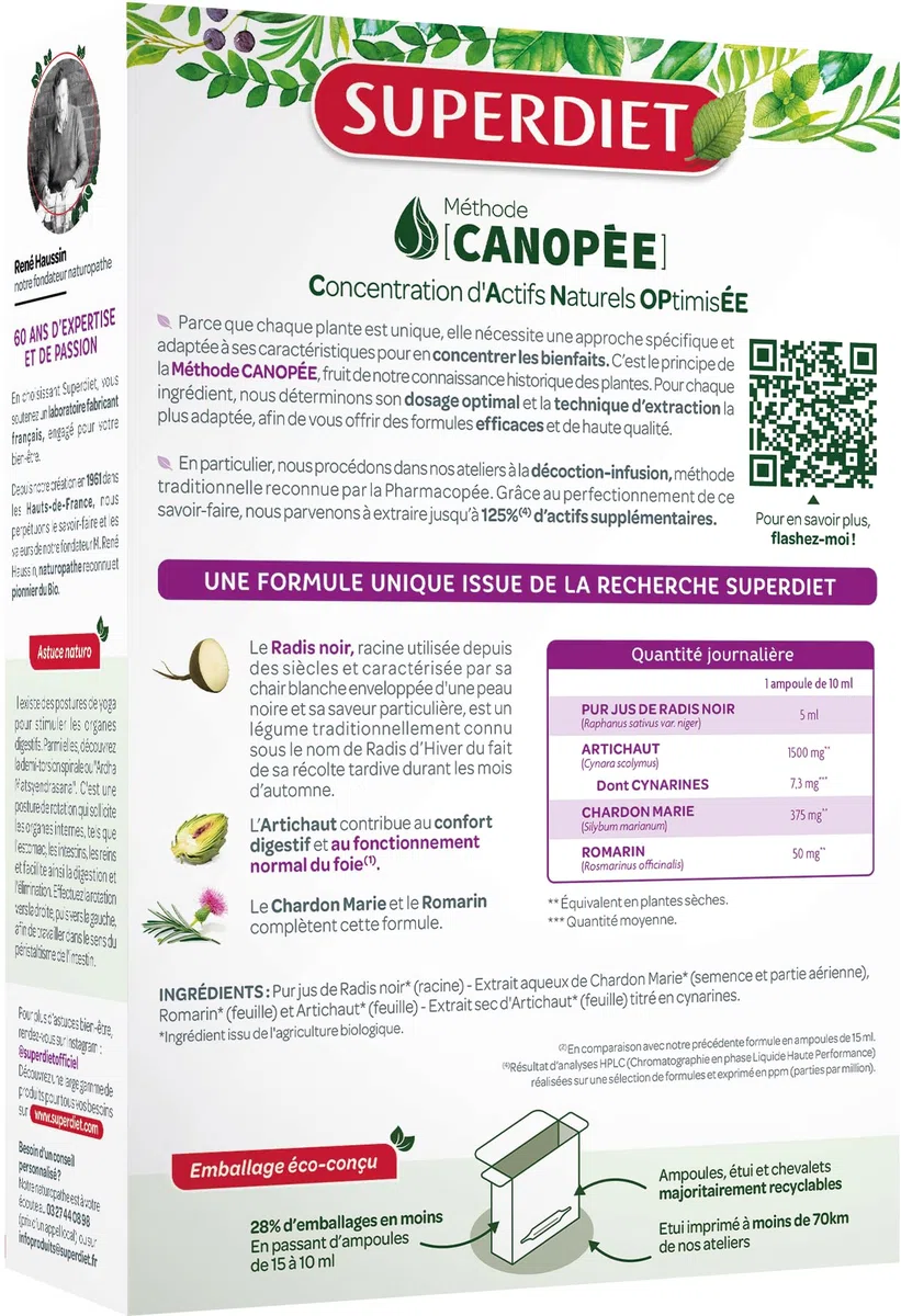 SUPERDIET – QUATUOR BIEN-ÊTRE DU FOIE BIO – Radis Noir Artichaut Chardon Marie Romarin – Fabrication française – 20 ampoules de 10 ml