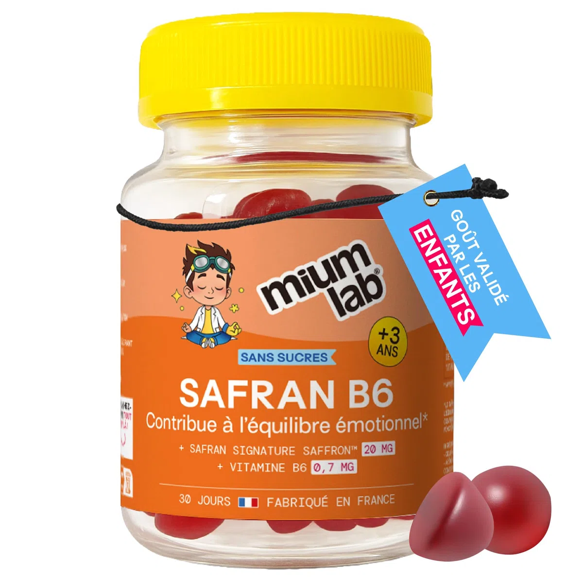 MIUMLAB - Gummies Safran Enfant Vitamine B6 – Équilibre Émotionnel & Concentration – Aide à Gérer Émotions & Agitation – Complément Alimentaire Enfant Sans Sucres – Goût Fraise validé Enfants – Dès 3