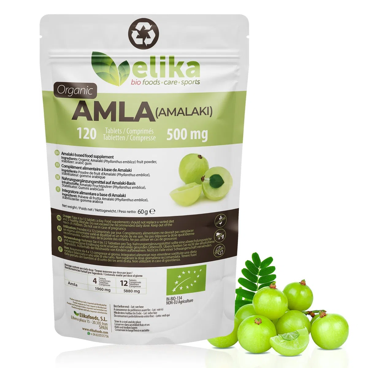 BIO Amla Elikafoods® BIOLOGIQUE. 120 comprimés de 400mg. Renforce les cheveux et la peau. Contient de la vitamine C, des minéraux et des antioxydants. 100% naturel, végétalien et sans gluten.