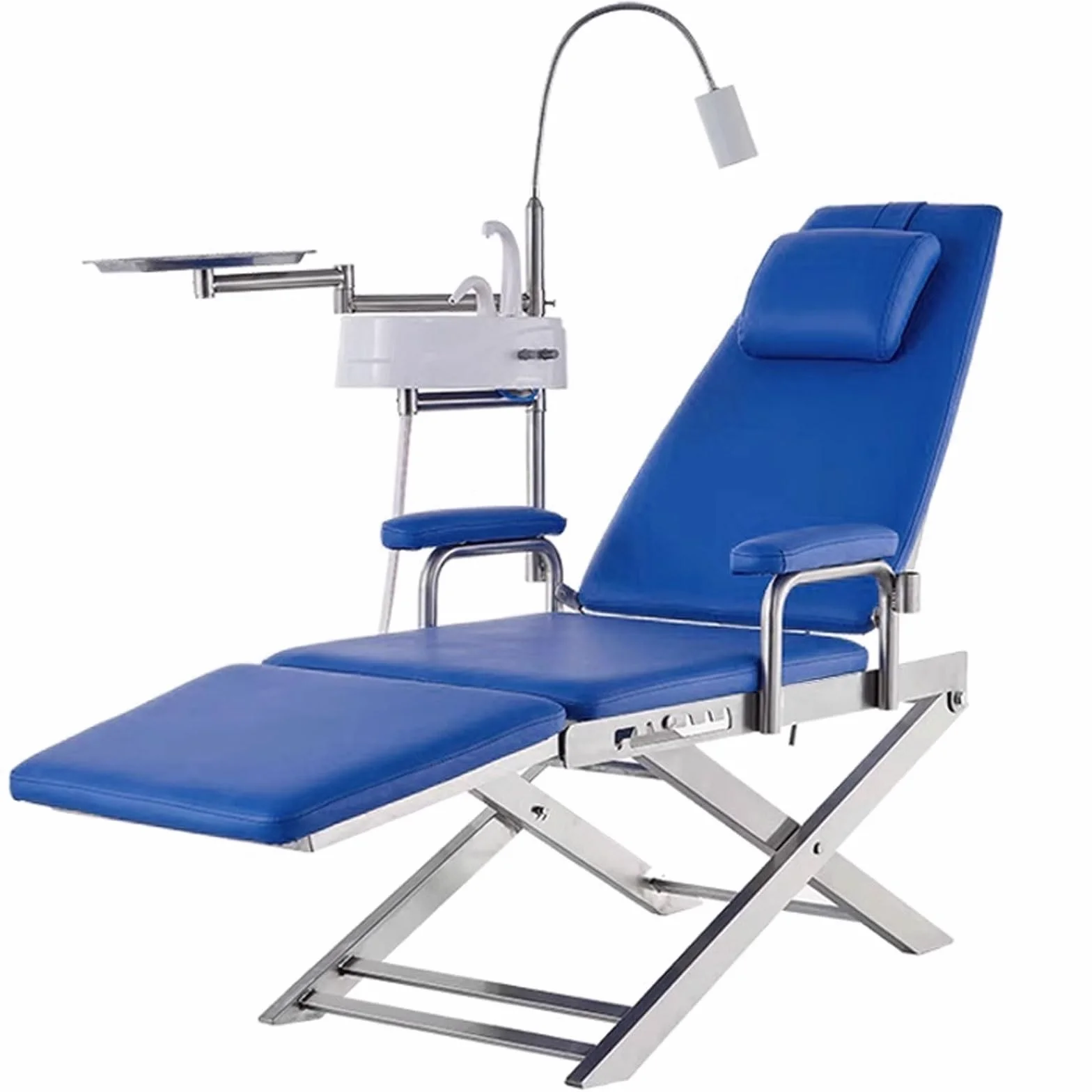 Fauteuil Dentaire Professionnel Fauteuil Dentaire Pliant Portable Avec Lampe LED Conception De Pieds De Chaise en Acier Inoxydable Rotation 360 Degrés Ergonomie(Blue)