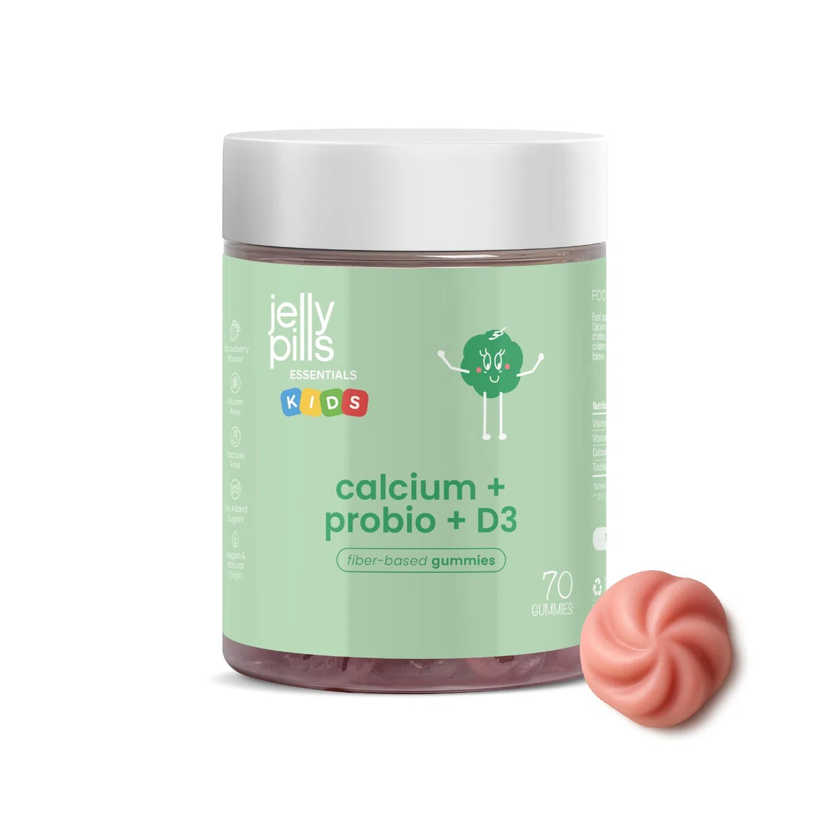 Jelly Pills Gummies calcium enfants + vitamine D3 et K2 + probiotiques - 70 gummies véganes pour 2 mois - sans sucres ajoutés - goût fraise naturel - pour la croissance et les os