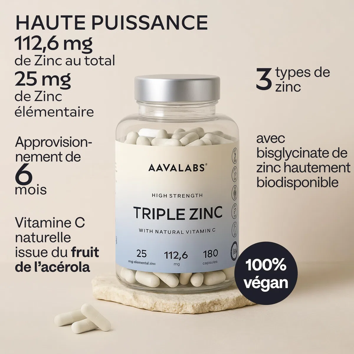 Zinc 25mg + Vitamine C - 3 Formes: Zinc Bisglycinate, Picolinate, Monomethionine Triple Zn Complement Alimentaire Haute Puissance Formule à Spectre Complet - 180 Gelules