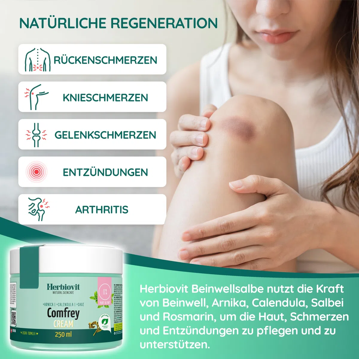Pommade Consoude pour les douleurs Articulaires, Tendineuses et Musculaires - 250 ml - Hautement dosée avec arnica - Sauge et romarin - vegan cosmétiques naturels