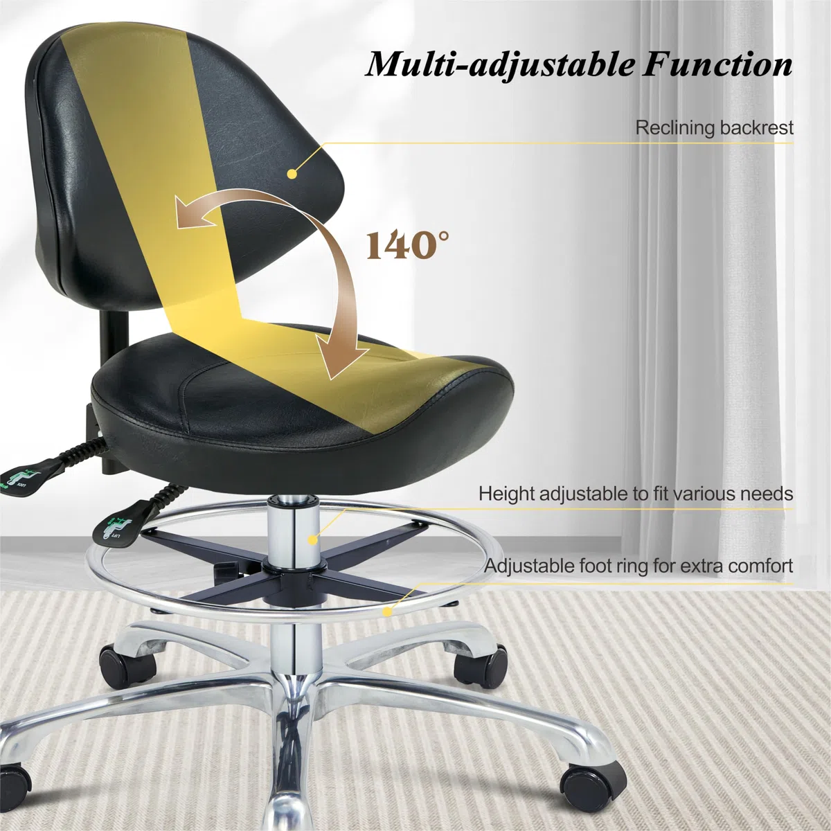 Fauteuil de selle à roulettes avec support dorsal ergonomique pour hygiéniste dentaire, médecin, salon médical